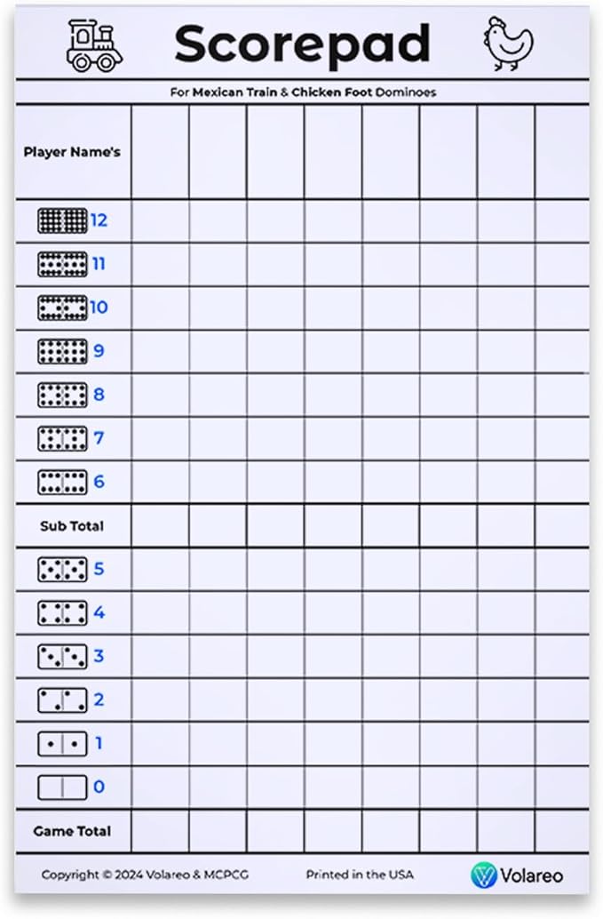 Mexican Train and Chicken Foot Dominoes Score Pad - 100 Scoring Sheets per Scorepad, 8.5 x 5.5 Inches - Score Sheets for Double 12 Domino Sets, White, VO-320