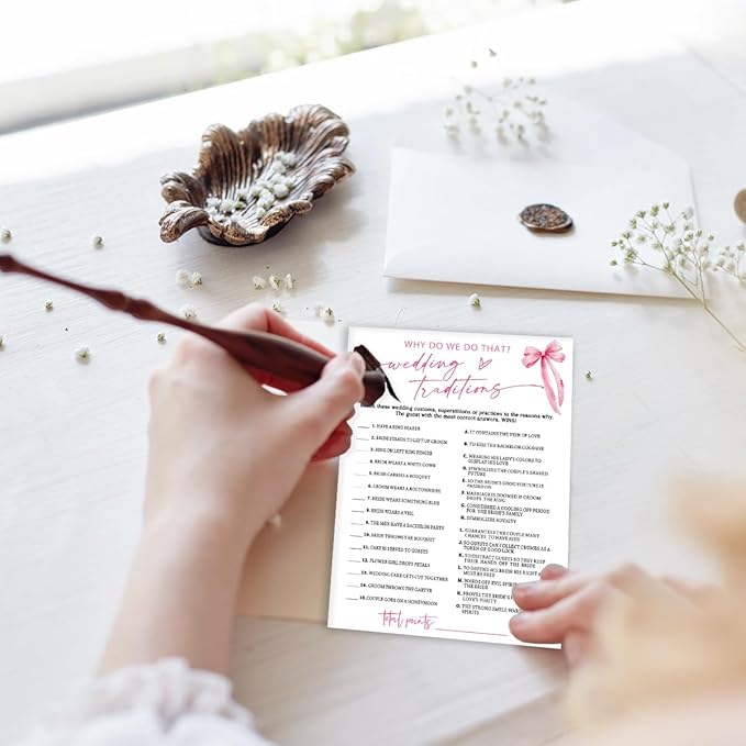 Bridal Shower Games Cards, Wedding Traditions Why Do We Do That, 25 Cards with 1 Answer Card, Engagement Party Games for Guests, Pink Ribbon Bow Wedding Party Supplies - E08