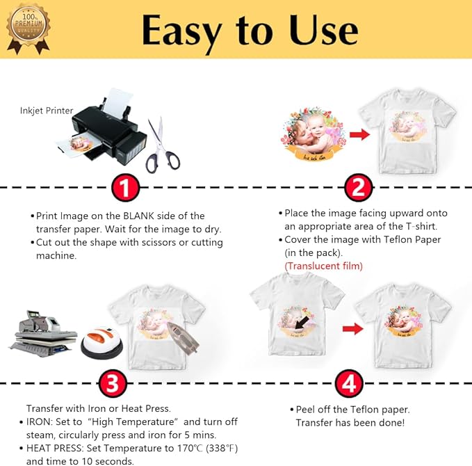 TransOurDream Upgraded Iron on Heat Transfer Paper for T Shirts (30 Sheets, 8.5x11") Iron on Transfers for Light Fabric Printable Heat Transfer Vinyl for Inkjet Printer (L2-30)