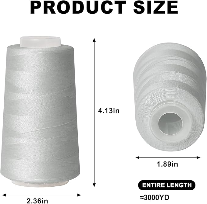 Sewing Thread Cone Set, 3 Pack Serger Thread, 3000 Yards Each, All Purpose Thread for Sewing, Quilting, Machines, Overlock, Merrow & Hand Embroidery (Grey*3)