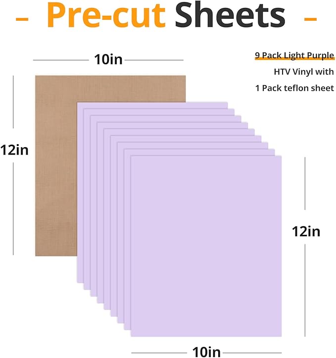 HTVRONT Light Purple Heat Transfer Vinyl Bundle - 10 Pack 12" x 10" HTV Vinyl for T-Shirt, Light Purple Iron on Vinyl for All Cutting Machine or Heat Press Machine