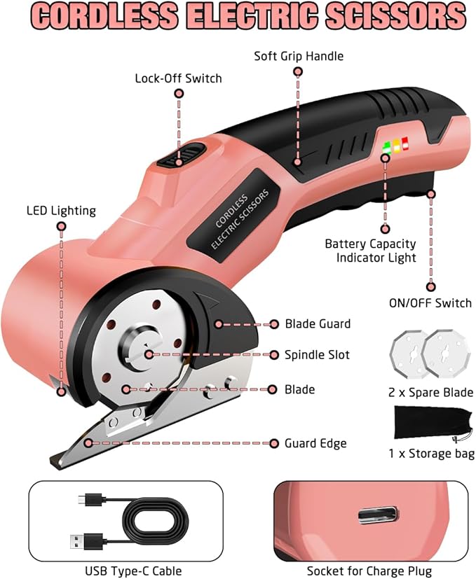 Cordless Electric Scissors: 4V Rechargeable Cardboard Cutter, 3 Blades, Safety Lock & LED Light, Box Cutter for Carton Carpet Plastic Fabric Leather (Pink)