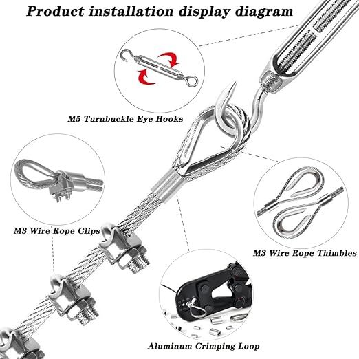 1/8 Inch Stainless Steel Wire Rope Kit, 7x7 Strands, 165 ft Length, With Cable Cutters, Sleeves, Thimbles, Clips, For Climbing Plants, Deck Railing, Fencing, Outdoor Hanging