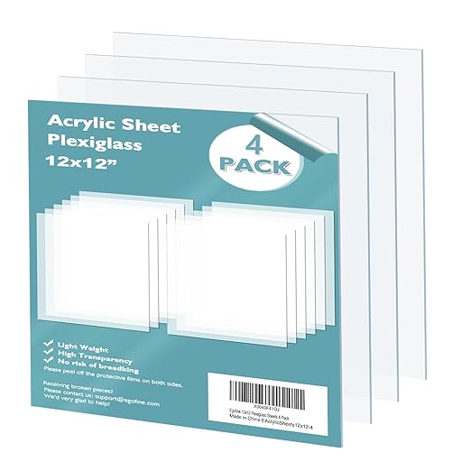 Egofine Plexiglass Sheets Acrylic Sheets 4 Pack of 12x12’’ 0.04 Thick Clear Plastic Cast Transparent Plexi Glass for Crafting Projects, Replacement Picture Frame Glass, DIY Display, Easy to Cut