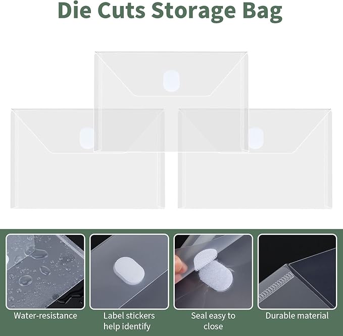 12 Pack Clear Die & Stamp Storage Bag Transparent Plastic Folders for Cutting Dies Stencil Embossing Crafts for DIY Scrapbooking Paper Card Craft Organizer Holder