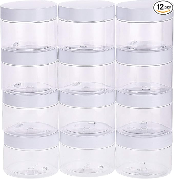 SATINIOR 12 Pack 6 oz Plastic Container Jars with Lids Round Clear Travel Cosmetic Container Jars for Toiletries, Lotion, Cream, Ointments, Makeup, Rhinestone, Samples, Kitchen Storage(White)