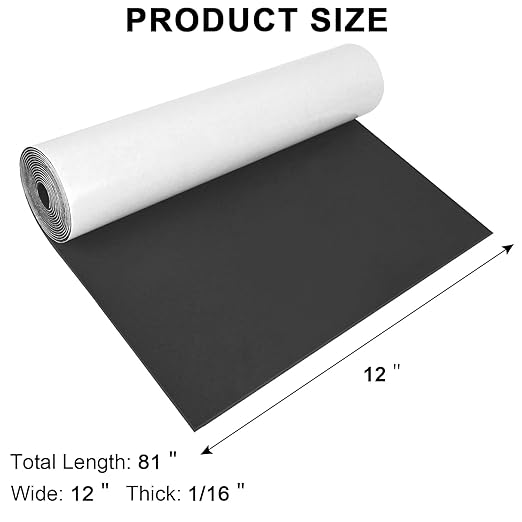 Sponge Neoprene Foam Rubber Sheet with Adhesive, 12 in x 81 in x 1/16 in Multi-Function Soundproof High Density Waterproof Rubber Mat, Perfect Cosplay Easy Cut DIY Neoprene Padding Roll - Black