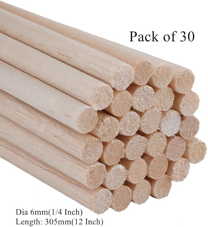 30 Pack Round Wood Dowel Rods 1/4x1/4x12 Inch Balsa Wood Sticks φ1/4 Inch Natural Wood Color Unfinished Wood for Cricut Maker Make Models of House Airplane Ship Boat DIY Wooden(6x6x305mm)
