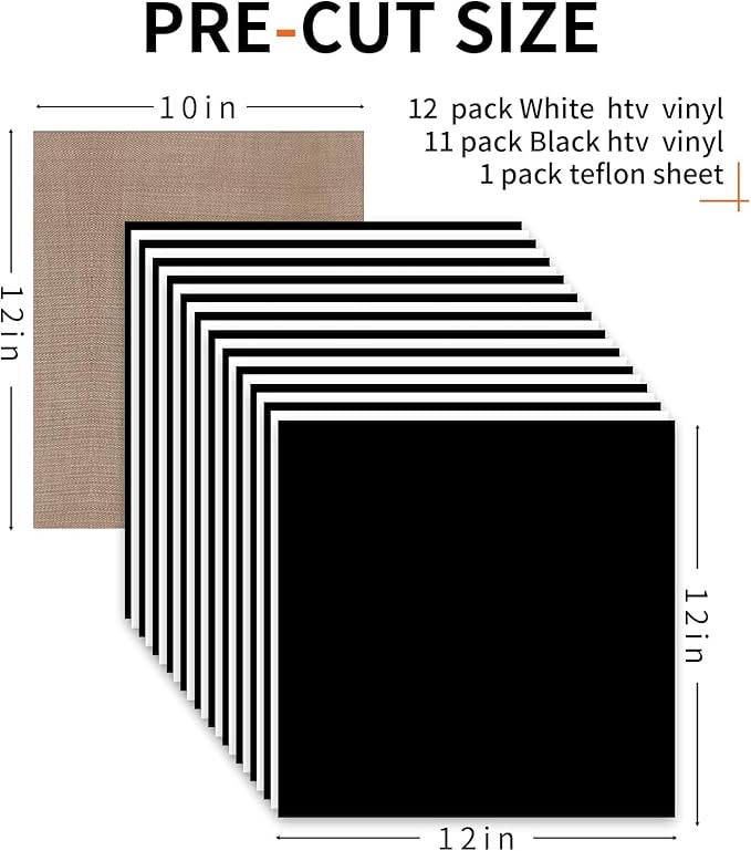 HTVRONT HTV Heat Transfer Vinyl Bundle: 12 White HTV Vinyl and 11 Black Heat Transfer Vinyl Sheets, 12"x12" PU Iron on Vinyl Plus 1 PTFE Sheet Easy to Cut & Weed for Heat Design
