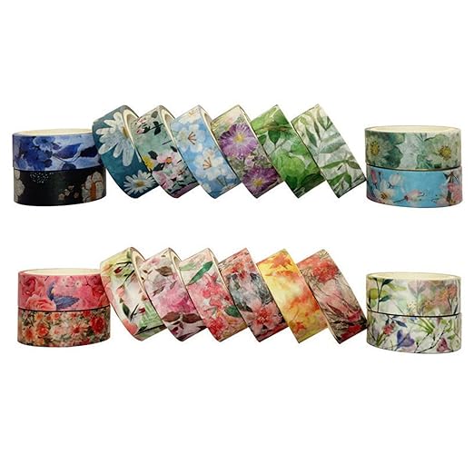 Floral Washi Tape Set 20 Rolls 15mm Wide Flower Decorative Paper Tapes for Scrapbooking, Bullet Journal, Planner, DIY Crafts, Gift Wrapping