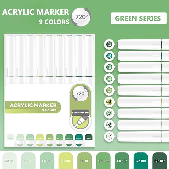Water Based Acrylic Paint Markers Green, 9 Colors Acrylic Paint Pens Set with Soft Brush Tip, Marker Pen for Rock Painting, Egg, Wood, Glass, Paper, Mugs, Acrylic Painter Ink (Green Series)