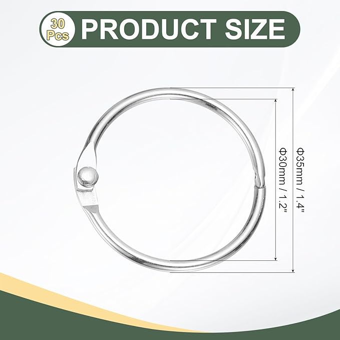 PATIKIL 1.2" x 1.4" Loose Leaf Binder Rings, 30 Pcs Metal Book Rings Nickel Keychain Ring for Paper Index Cards Flash Card Notebook Rings Office Home Book Binder, Silver Tone