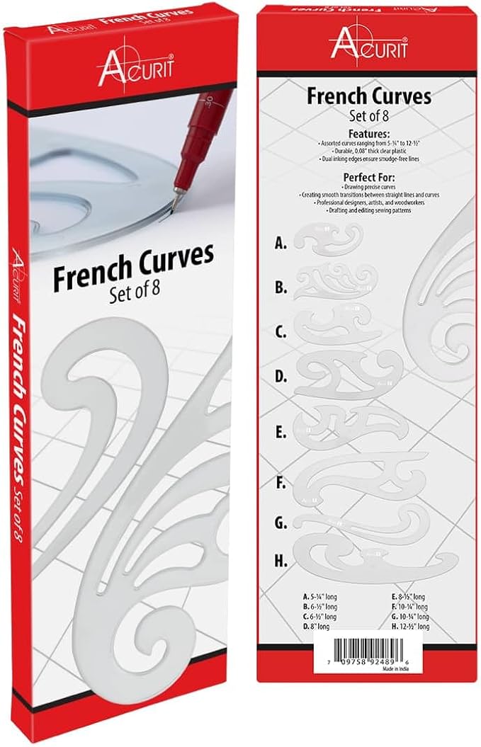 Acurit French Curve Set of 8 – Clear Plastic Drawing Templates for Sewing, Pattern Making, Drafting, Fashion Design, Architecture, Graphic Illustration – Smudge-Free Inking Edges