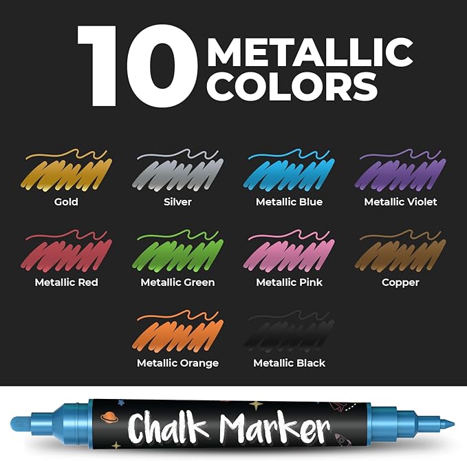 Chalkola Dual Tip Liquid Chalk Markers for Blackboard (10 Metallic Colors, 1mm+5mm Fine, Bold) - Dry Erase Marker Pens for Chalkboards Signs, Car Windows, Glass, Mirrors - Erasable Chalkboard Markers