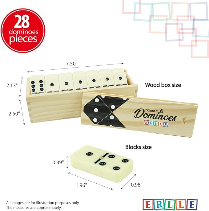 ERLLE - Dominoes Set, Premium Classic 28-Piece Double Six Domino Set with Wooden Case, Family & Kids Board Game, Mexican Train, Chicken Foot, and Classic Domino Games