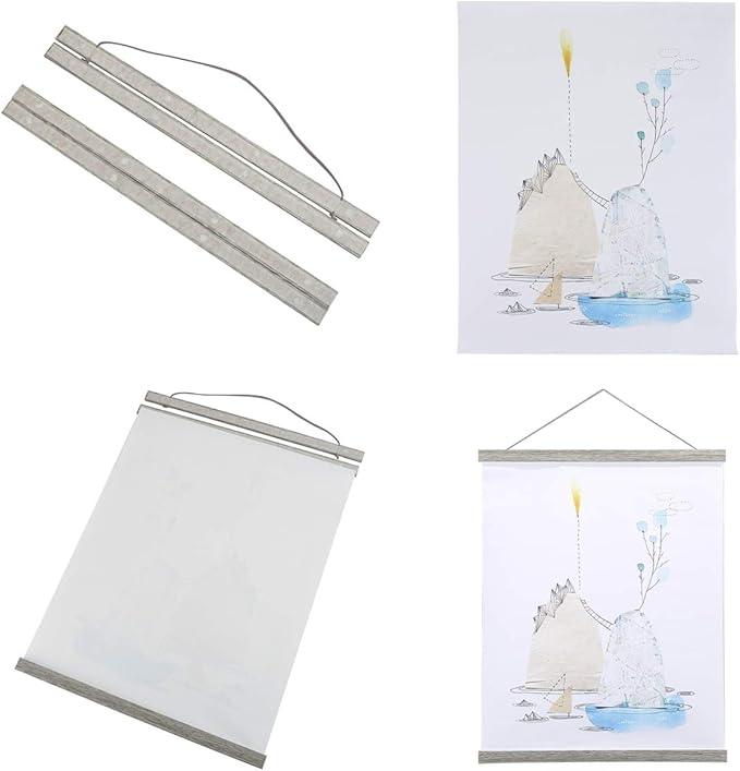 Ywlake Magnetic Poster Hanger, 9x12 9x14 9x17 Poster Frame Wood Wooden Magnet Print Posters Dowel Scroll Hanger Hangers Hanging Kit for Walls Map Canvas Artwork (Grey, 9")