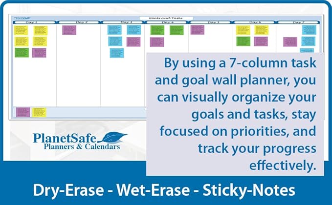 Sky Blue 7-Column Task, Goals & Objective Wall Horizontal Organizer 36" x 75". Complete with Marker