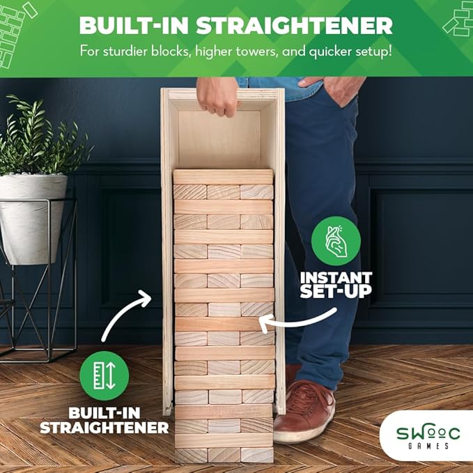 SWOOC Games® - Giant Tower Game with 3-in-1 Straightener, Table & Storage Box - 90% Faster Set Up with Transforming Box & Straightener - Starts at 2-4ft - Grows to Over 6ft - Large Outdoor Yard Games