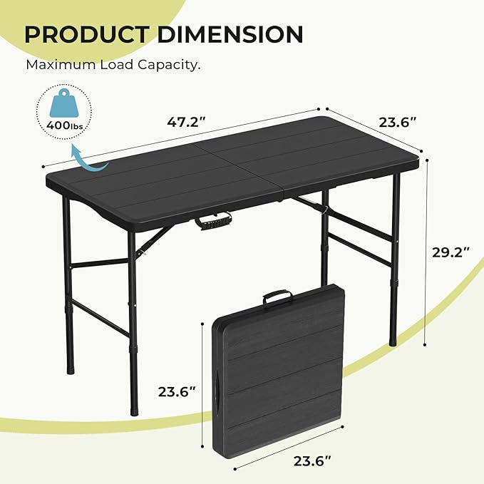 4Ft Folding Table Adjustable Height Portable Folding Tables Heavy Duty 400 lbs Capacity, Wood Grain Tabletop for Working Meeting Parties, Picnic, Camping, Weddings, Garden Dining-Black