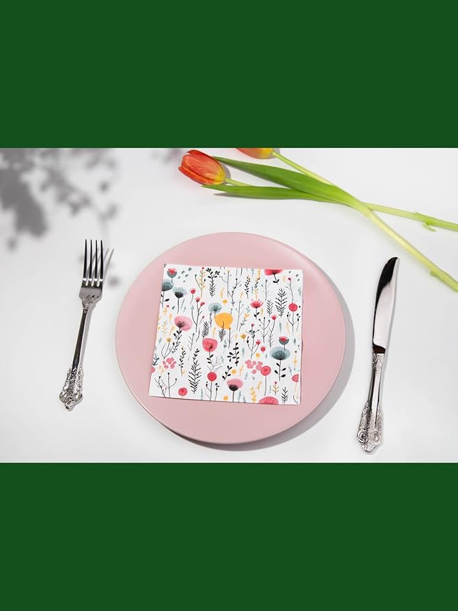 20 pcs Premium Designer Paper Napkins, 3-Ply 6.5x6.5-inches Disposable Decorative Fall Paper Guest Floral White Napkin for Wedding Birthday Anniversary Lunch Dinner Party Baby Shower