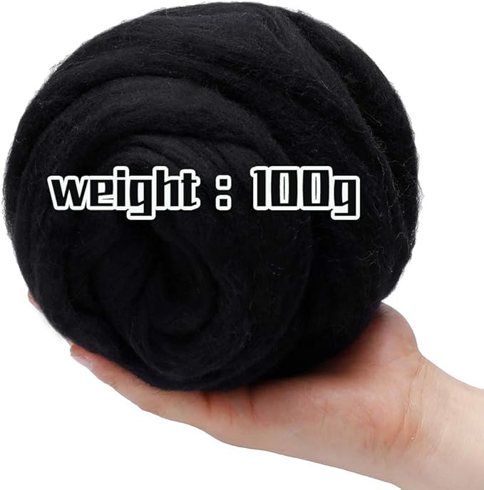 3.53oz Wool Roving Yarn, Wool Felting Supplies, Pure Wools, Chunky Yarn, Spinning Wool Roving for Needle Felting Wet Felting DIY Hand Spinning (Black)