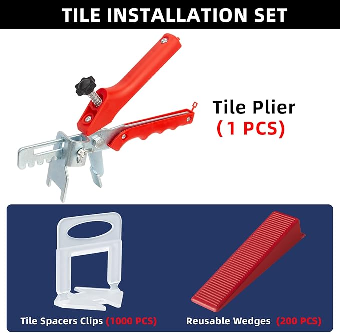 Tile Leveling System with Tile Plier, 1000-Piece Tile Spacers Clips and 200-Piece Reusable Wedges, Tile Leveler Tool Set for Ceramic Tile and Stone Installation (1/8 Inch Tile Spacers)