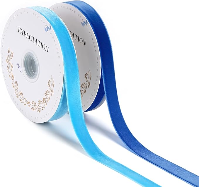 Blue Velvet Ribbon 5/8'' 2 Rolls Total 30 Yards, Use for Gift Wrapping, Christmas Tree, Wreath Decoration, DIY Crafts (Royal Blue, Light Blue)