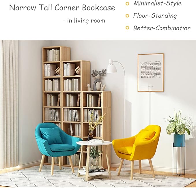 IOTXY Small Narrow Corner Bookcase - 59 Inches Tall Gap Freestanding Storage Cabinet, 7 Lattices Open Shelves Tower Rack, Cubes Bookshelf in Oak