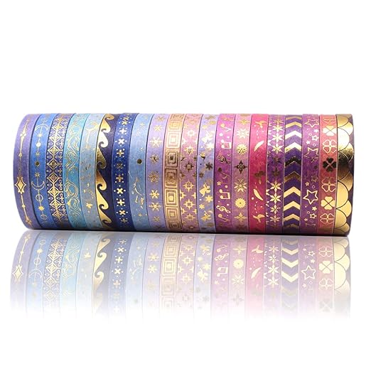 AEBORN Thin Purple Washi Tape - 20 Rolls 5mm Gold Foiled Skinny Washi Tape Set, Pretty Star Washi Tape for Bullet Journal, Scrapbook, Gift Packaging, DIY Crafts