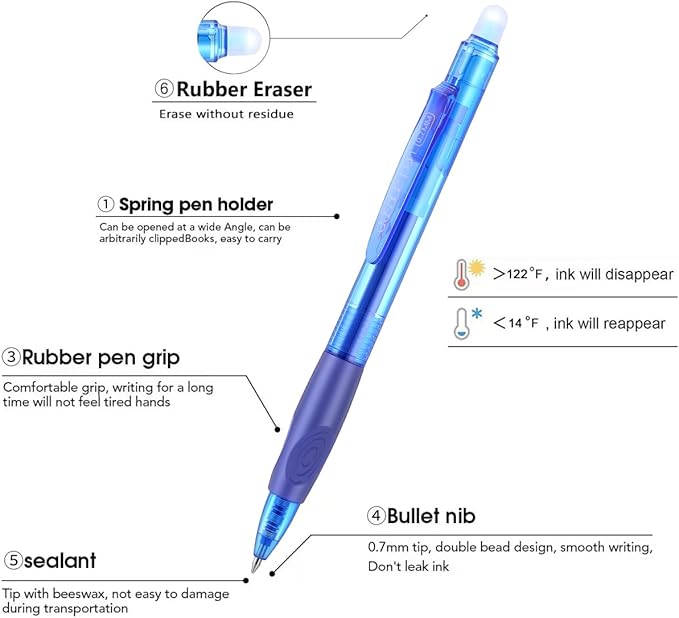 Aozora Erasable Pens Click Fine Point 0.7 mm Retractable Erasable Gel Pens for Completing Sudoku and Crossword Puzzles 12 Pack (Blue)