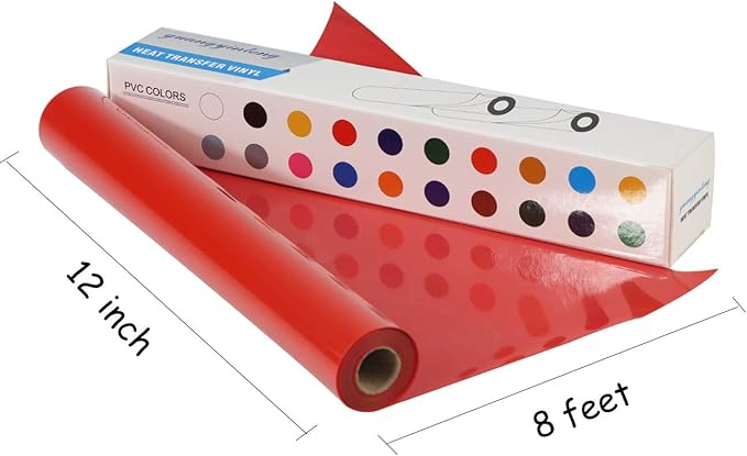 Guangyintong Red Heat Transfer Vinyl Rolls, 12" x 8ft, Easy to Cut & Weed, Glossy Surface, All Cutter Machines, Iron on Vinyl for T-Shirts