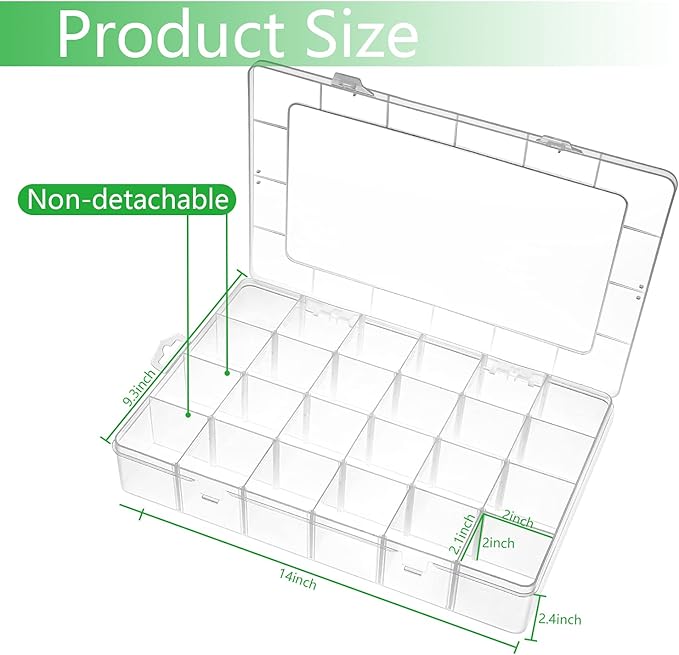 Large 24 Grids Plastic Organizer Box Adjustable Dividers,Clear Storage Box for Jewelry, Art DIY Crafts, Washi Tapes, Beads and Small Parts