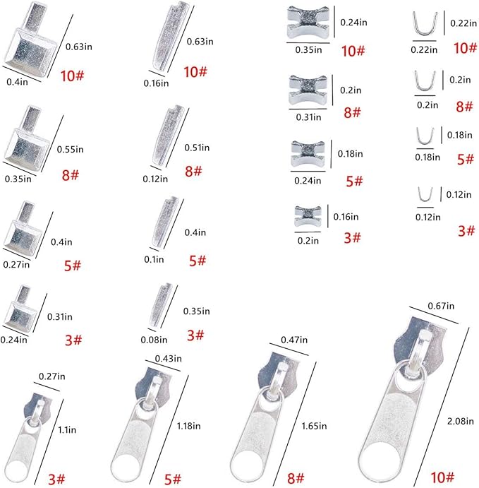48 Pieces Metal Zipper Repair Accessories Set, Zipper Head Slider Retainer Box Insert Pin Top Bottom Stoppers for DIY Sewing Replacement Zipper Repair Kit 3# 5# 8# 10# (Platinum)