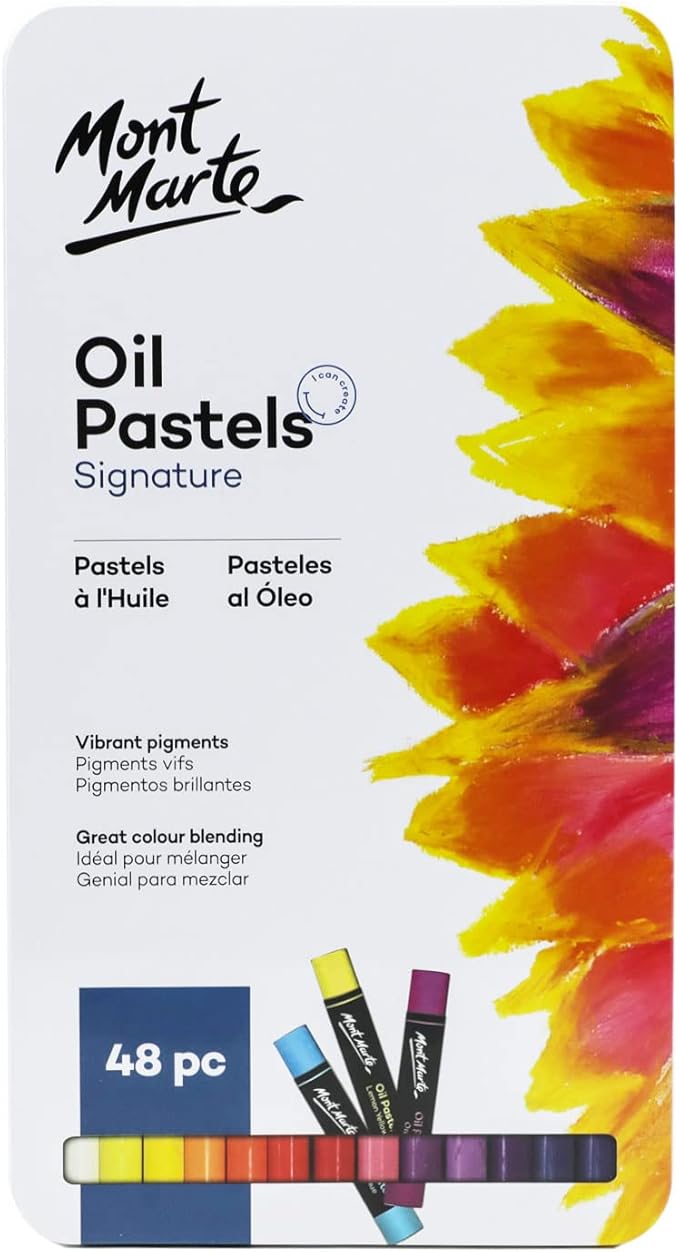Mont Marte Oil Pastels in Tin Box Signature 48pc, 48 Assorted Colors, Vibrant Oil Pastel Set, Great Blending and Layering, Comes in Storage Case, Ideal for Art, Craft, Coloring and Sketching