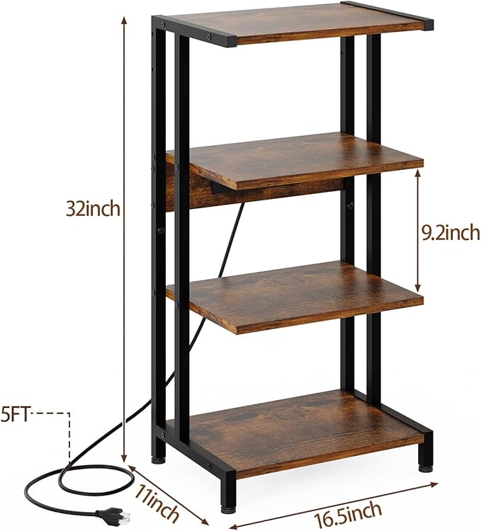 X-cosrack 4-Tier AV Media Stand with Power Strips, Wooden Corner Shelf Component Cabinet Stereo Audio Rack Stand Tower Perfect for DVD Players:Game Console:TV Box:Cable Box:Xbox:WiFi Router