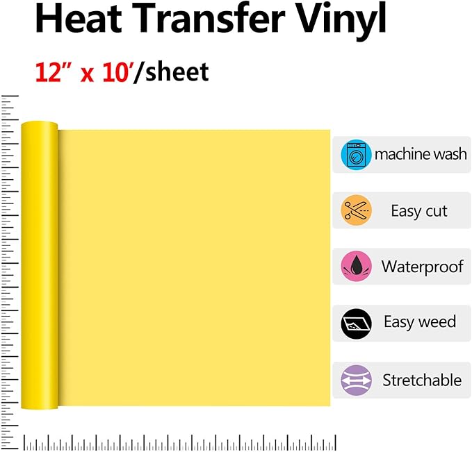 RENLITONG Yellow HTV Iron on Vinyl 12Inch by 10ft Roll HTV Heat Transfer Vinyl for T-Shirt HTV Vinyl Rolls for All Cutter Machine - Easy to Cut & Weed for Heat Vinyl Design