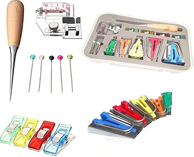 YICBOR Bias Tape Maker 6mm 9mm 12mm 18mm 25mm Fabric Bias Binding Maker with Binder Foot Bradawl Quilting Clips Sewing Pins Kit (Bias Tape Maker(Box))