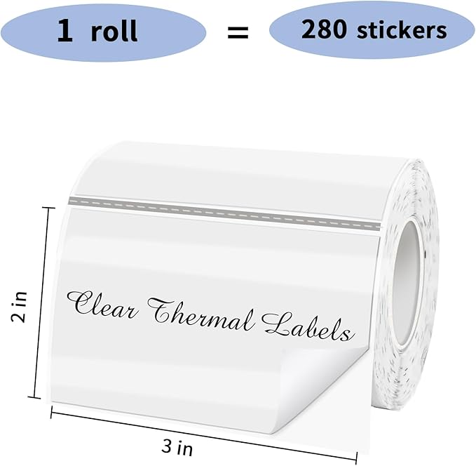 2" x 3" Transparent Thermal Label Stickers,Waterproof Thermal Printer Sticker Labels for Gift Wrapping, Self-Adhesive Name Price Tag DIY Custom Logo Design (280 pcs,Clear)