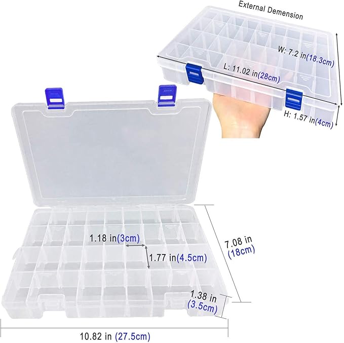 Qualsen Plastic Organizer Storage Box with Adjustable Dividers, Fishing Tackle Box and Bead Organizer Box for Jewelry, Beads, Earrings, Tools, Fishing Hooks, and Small Accessories（34 Grid x 4）
