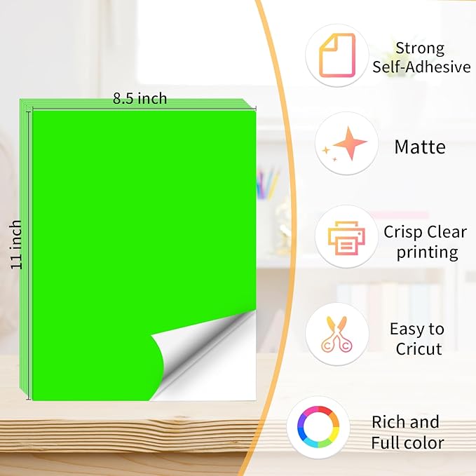 Neon Green Sticker Paper Labels for Laser & Inkjet Printer, Fluorescent Green Printable Sticker Paper- Matte, Letter Size 8.5" x 11"