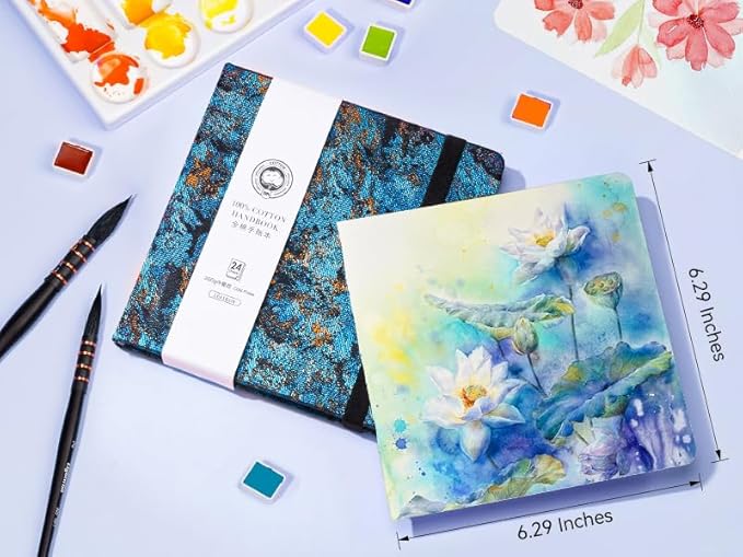 Lightwish Square Watercolor Journal,100% Cotton,300gsm/140lb,Acid-Free,24 Sheets Cold Press Watecolor Sketchbook for Artists Adults Students,6.29 * 6.29 Inches(Blue Starry Sky)