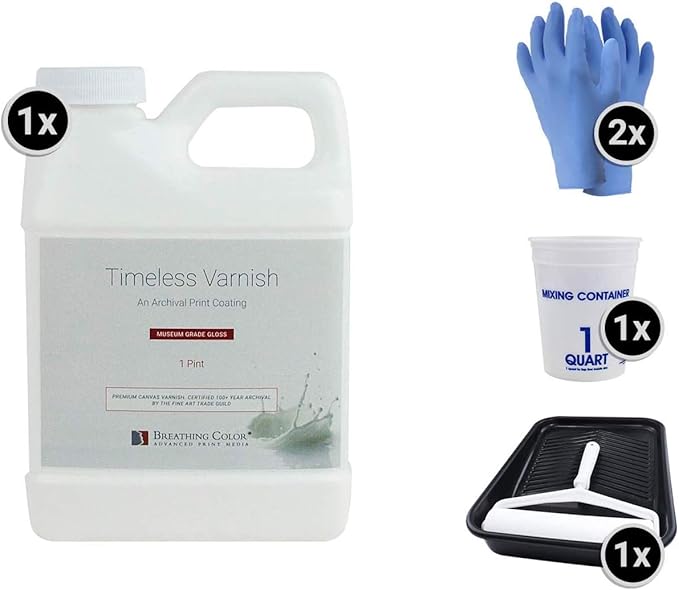 Breathing Color Timeless Archival Print Varnish - 1 Quart, Glossy Finish, Best Canvas Coating, Certified Archival Quality, Includes Foam Roller, Mixing Cups, and Gloves