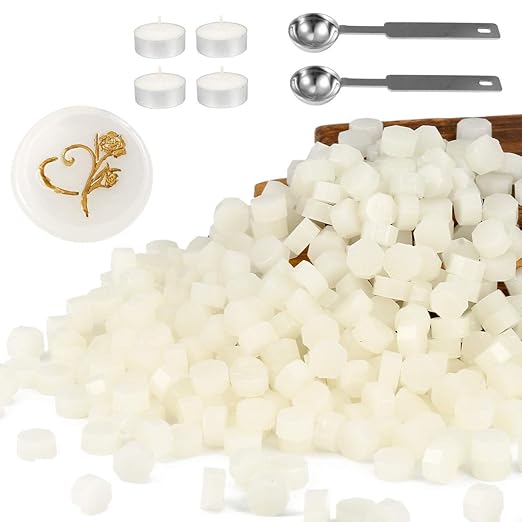 Yoption 360Pcs Cream White Sealing Wax Beads with 2 Spoons and 4 Tea Candles for Wax Seal Stamps, Cards, Wedding Invitations, Wine Packaging, Gift Wrap, Envelopes