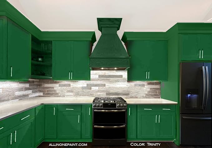 ALL-IN-ONE Paint, Durable cabinet and furniture paint. Built in primer and top coat, no sanding needed. Includes our 30 featured color card - Trinity (green), Gallon