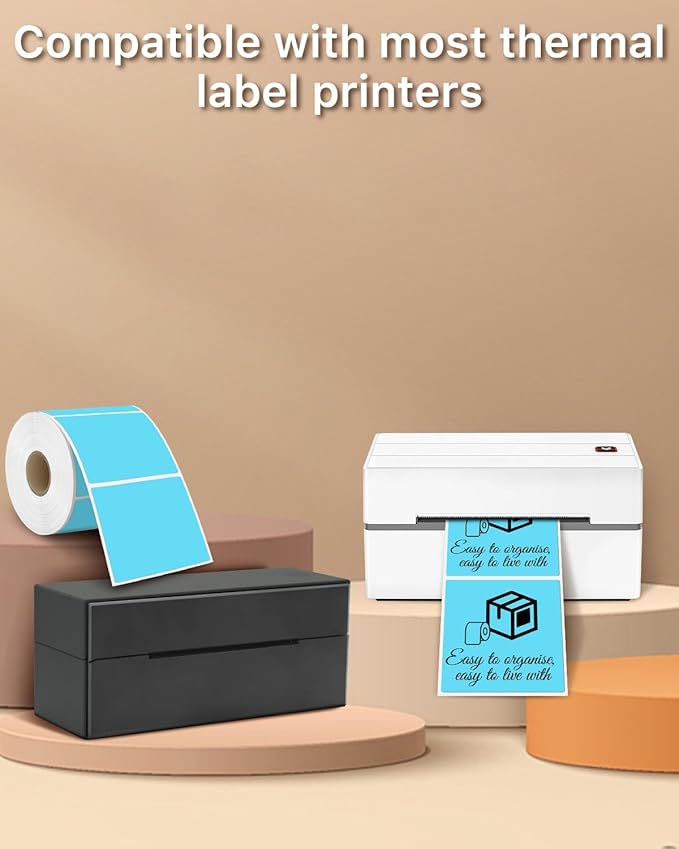 iEager Blue Square Thermal Label Stickers, 3" x 3" Self-Adhesive Square Direct Thermal Labels with Perforation Line, 500 Sheets/Roll