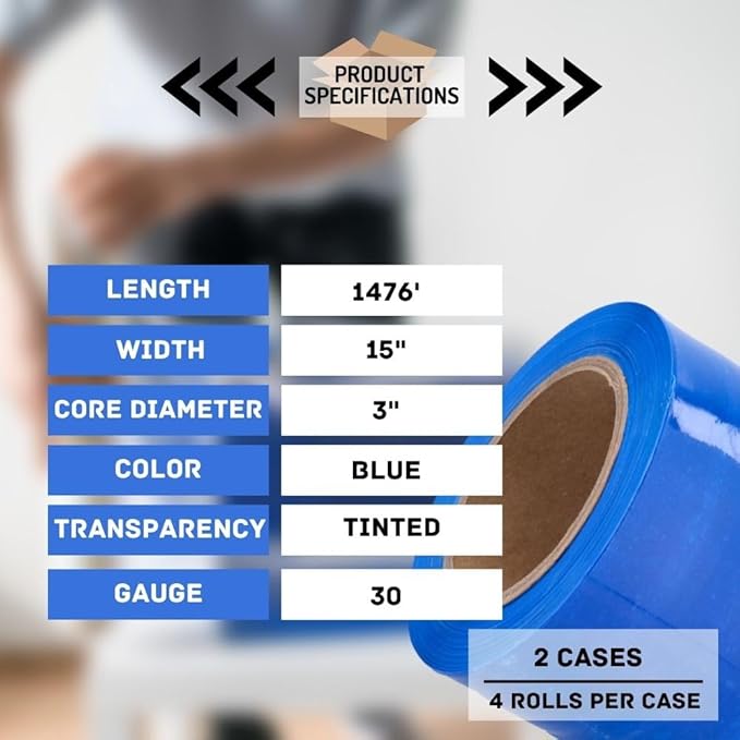 PSBM Blue Stretch Wrap, 15 Inch x 1476 Feet, 8 Pack, Tinted Pre-Stretched Shrink Wrap Film for Moving, Packaging, Pallet Wrapping