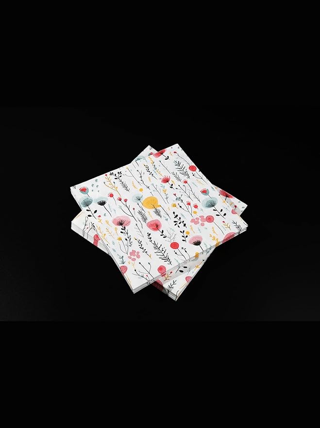 20 pcs Premium Designer Paper Napkins, 3-Ply 6.5x6.5-inches Disposable Decorative Fall Paper Guest Floral White Napkin for Wedding Birthday Anniversary Lunch Dinner Party Baby Shower