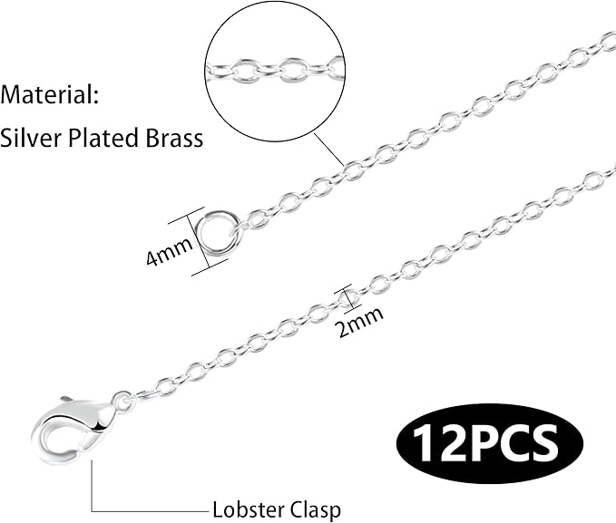 ALEXCRAFT Wholesale 12 PCS Silver Plated Brass Flat Cable Chains Bulk for DIY Jewelry Making (18 Inch(2mm))