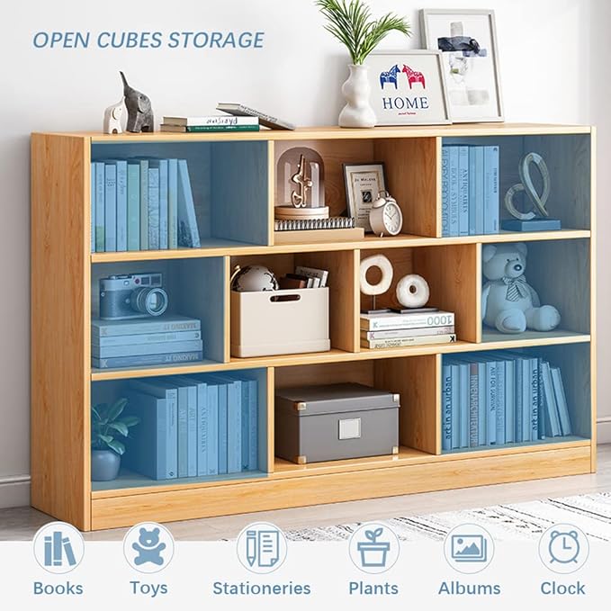IOTXY Open Shelf Low Bookcase - Wooden 3-Tier Floor Standing Display Cabinet Organizer with Base, 5 Cubes Short Horizontal Bookshelf in Bright Blue