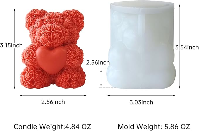 Rose Bear Silicone Mold for Candle Making,3D Candle Mold Silicone,Resin Molds for DIY Decor,DIY Soap,DIY Candle,Mother's Day Gift,Birthday Gifts(Large Rose Heart Bear)